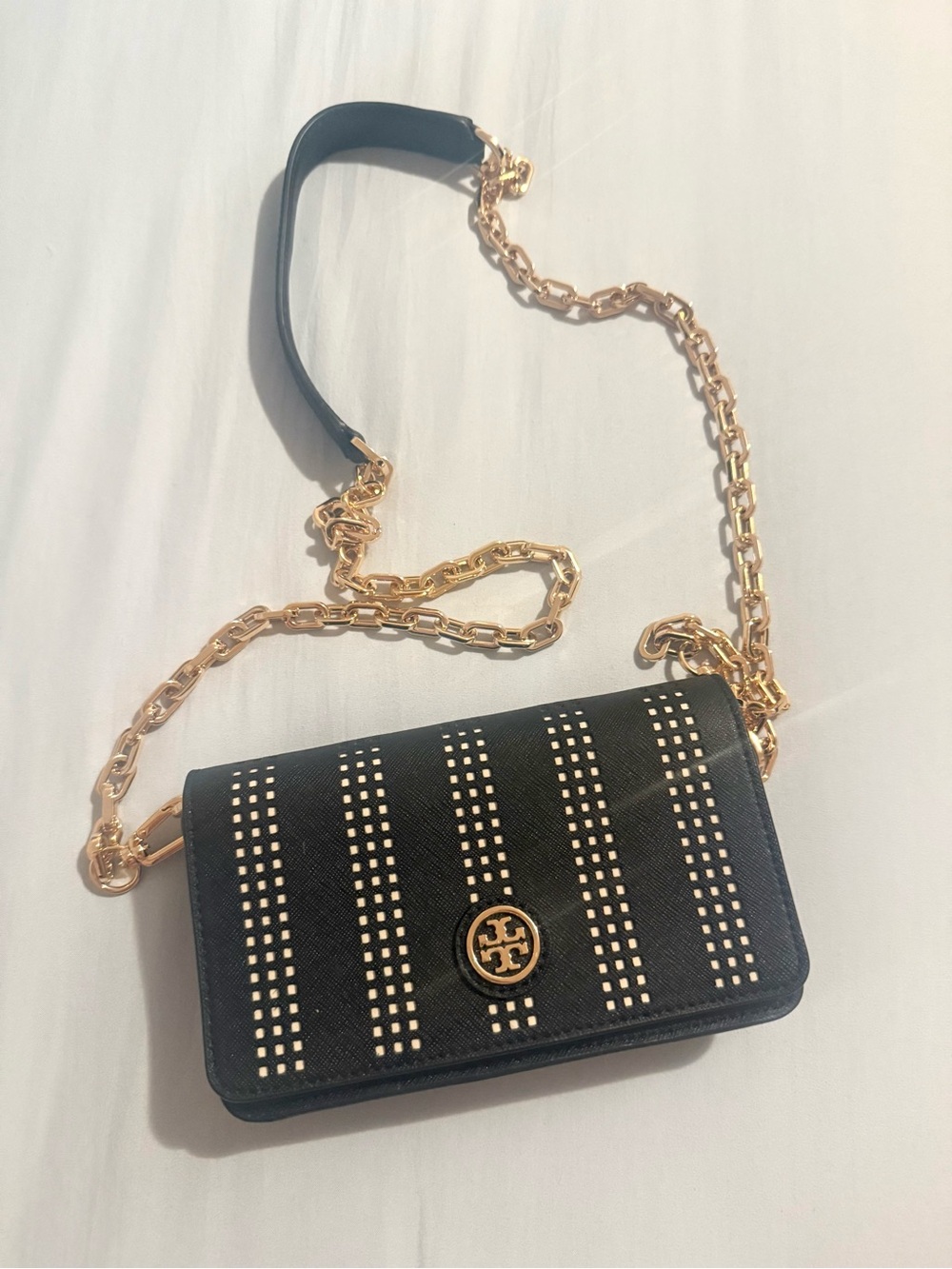Tory Burch Black Crossbody Bag with Gold Studs and Chain